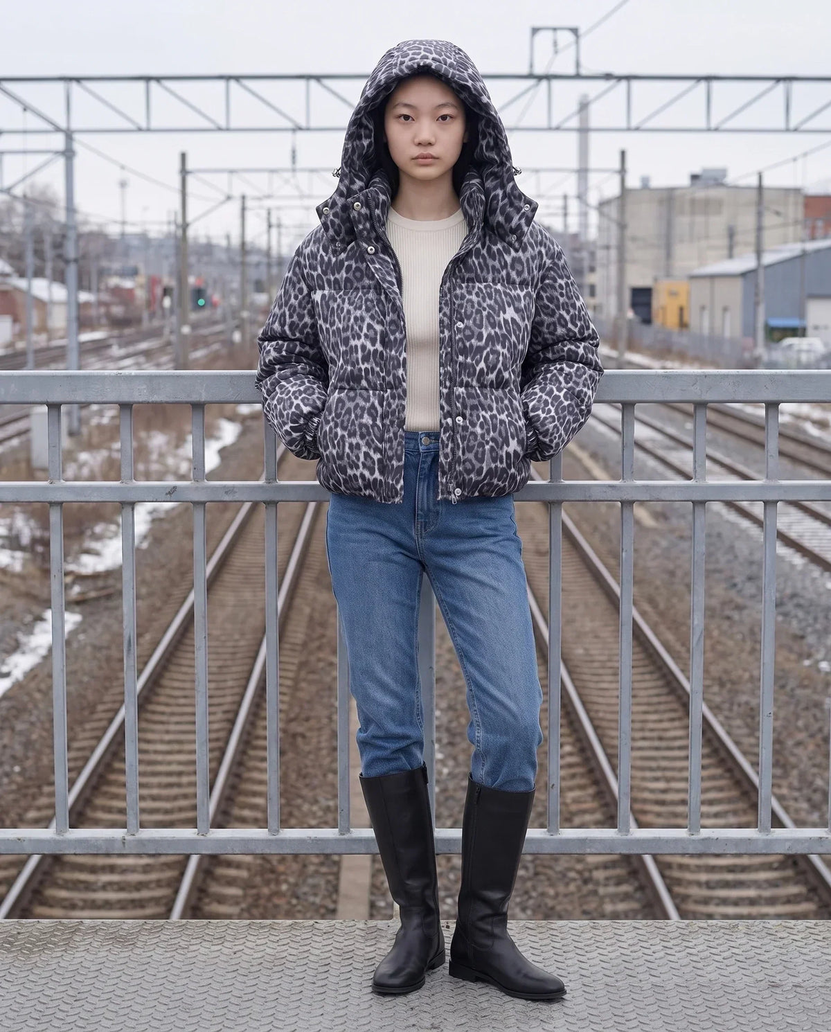 Short Oversized Leopard Puffer Jacket with Detachable Hood