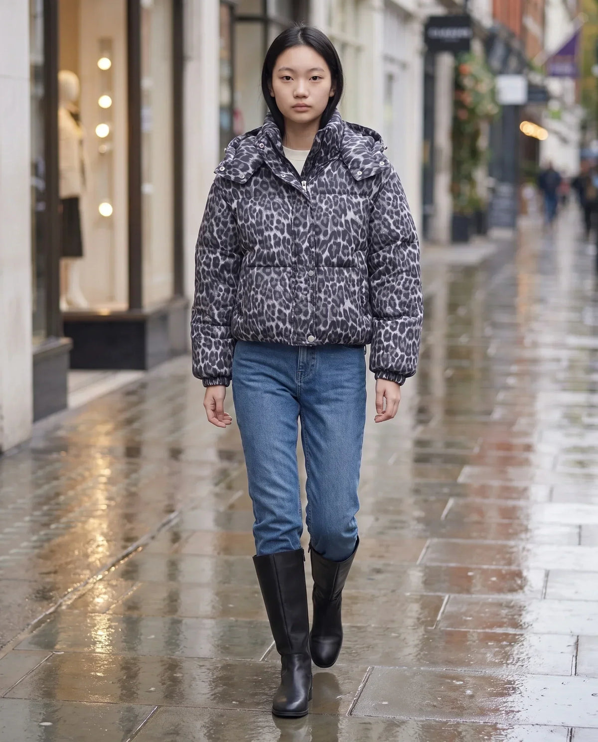 Short Oversized Leopard Puffer Jacket with Detachable Hood