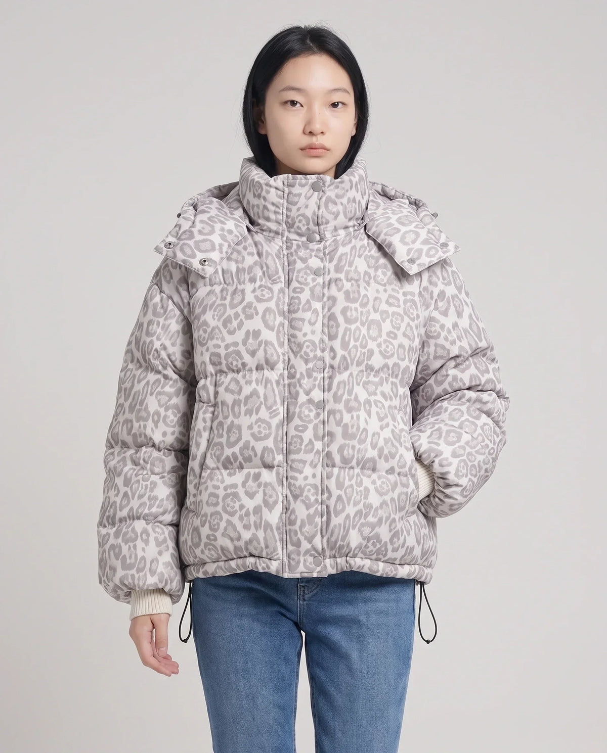 Short Oversized Leopard Puffer Jacket with Detachable Hood