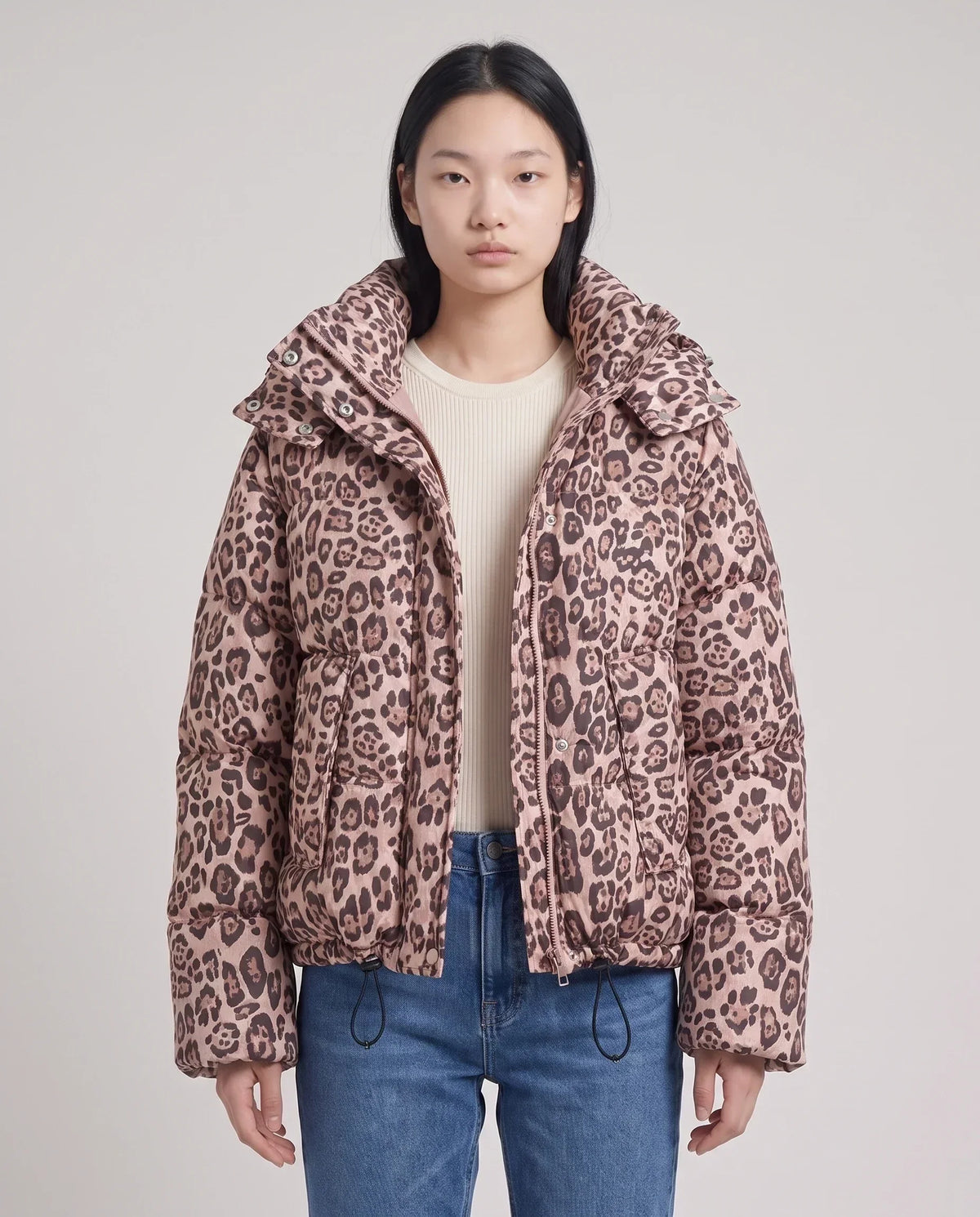 Short Oversized Leopard Puffer Jacket with Detachable Hood