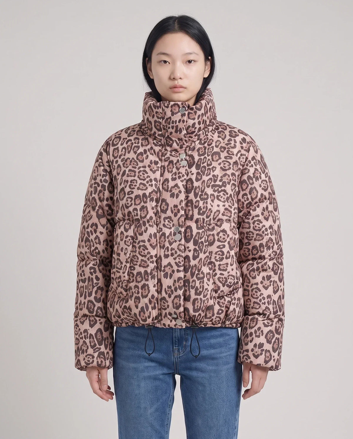 Short Oversized Leopard Puffer Jacket with Detachable Hood