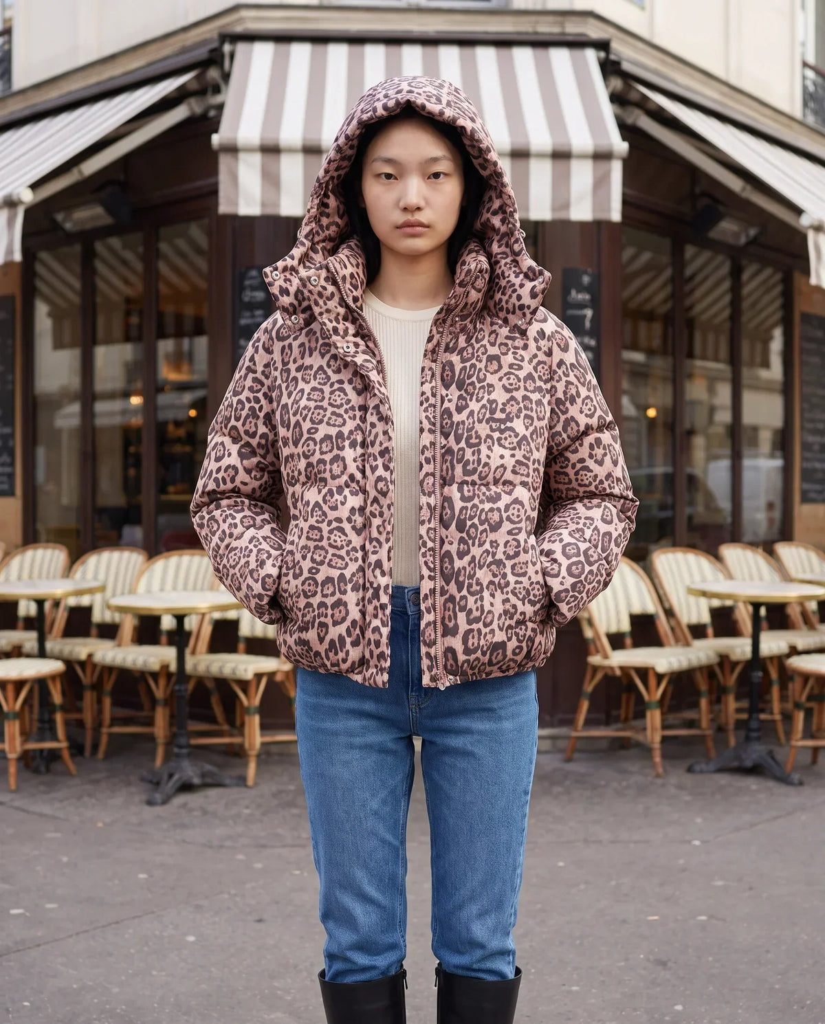 Short Oversized Leopard Puffer Jacket with Detachable Hood