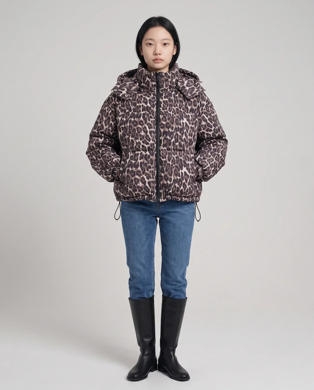 Short Oversized Leopard Puffer Jacket with Detachable Hood