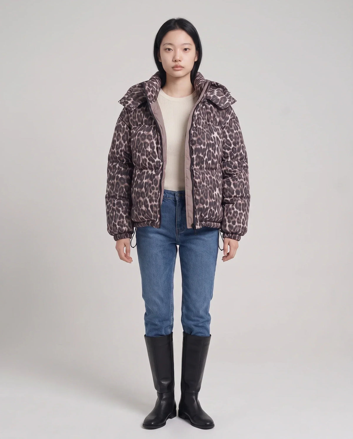 Short Oversized Leopard Puffer Jacket with Detachable Hood