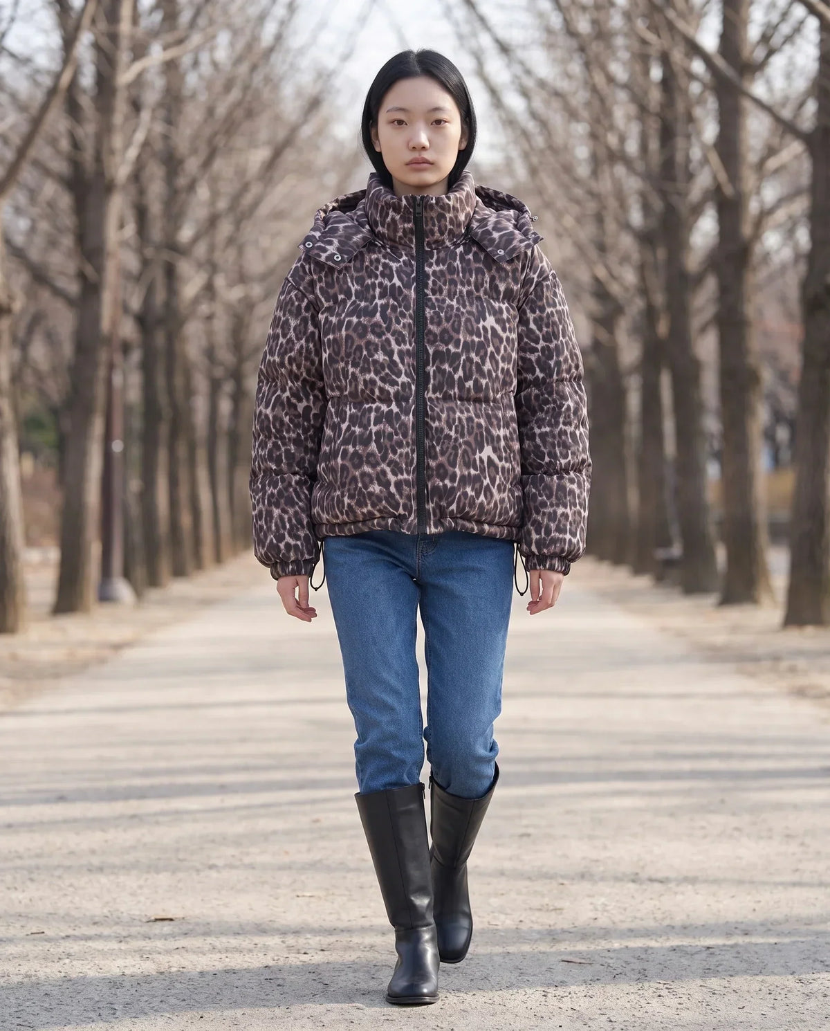 Short Oversized Leopard Puffer Jacket with Detachable Hood