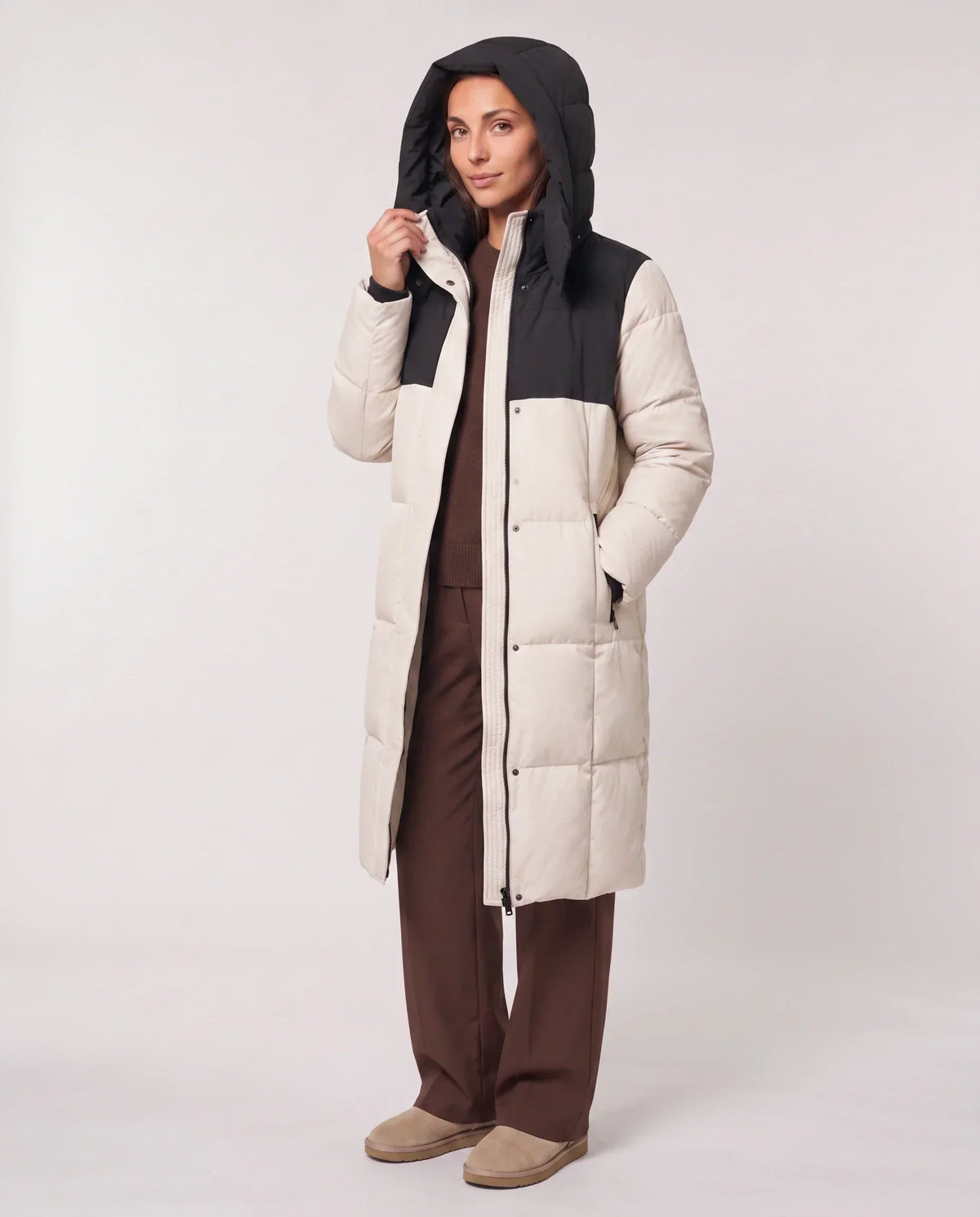 Long Two-Tone Puffer Jacket with Large Squares