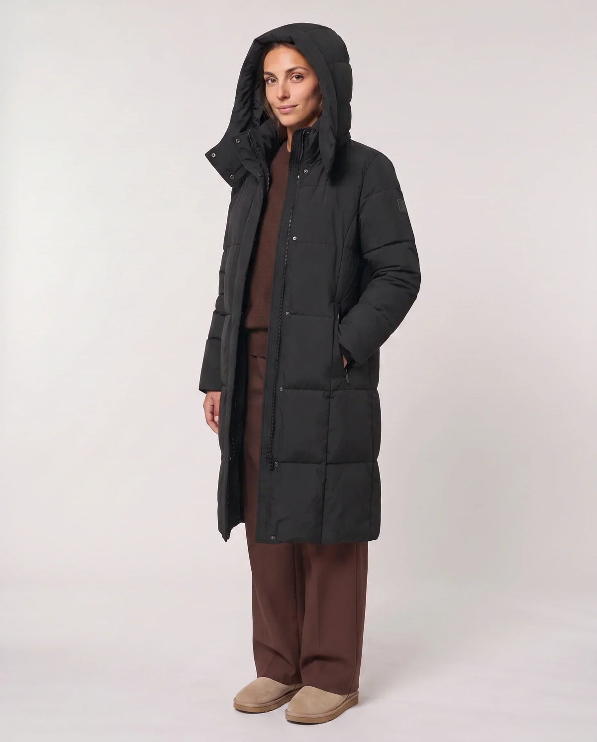 Long Two-Tone Puffer Jacket with Large Squares