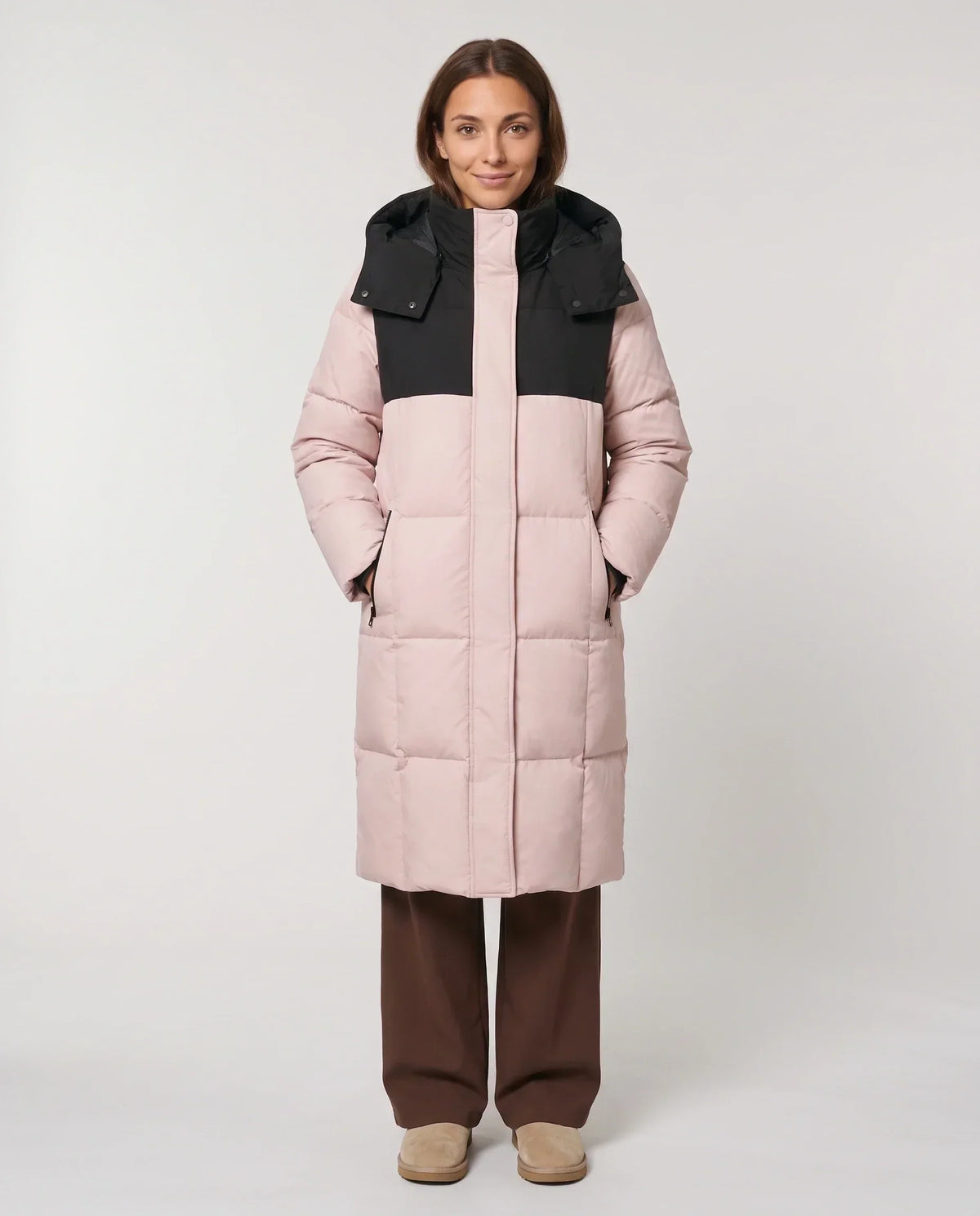Long Two-Tone Puffer Jacket with Large Squares