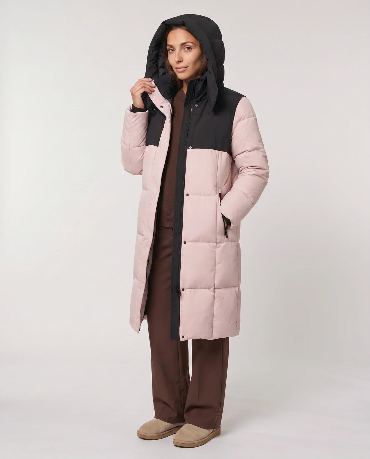 Long Two-Tone Puffer Jacket with Large Squares