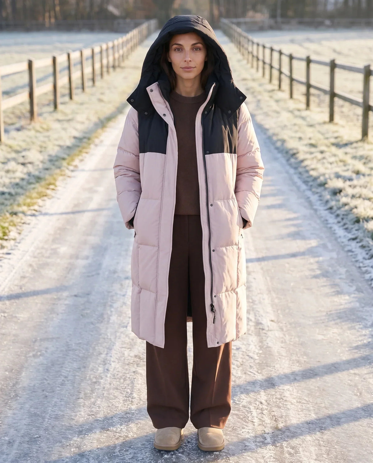 Long Two-Tone Puffer Jacket with Large Squares