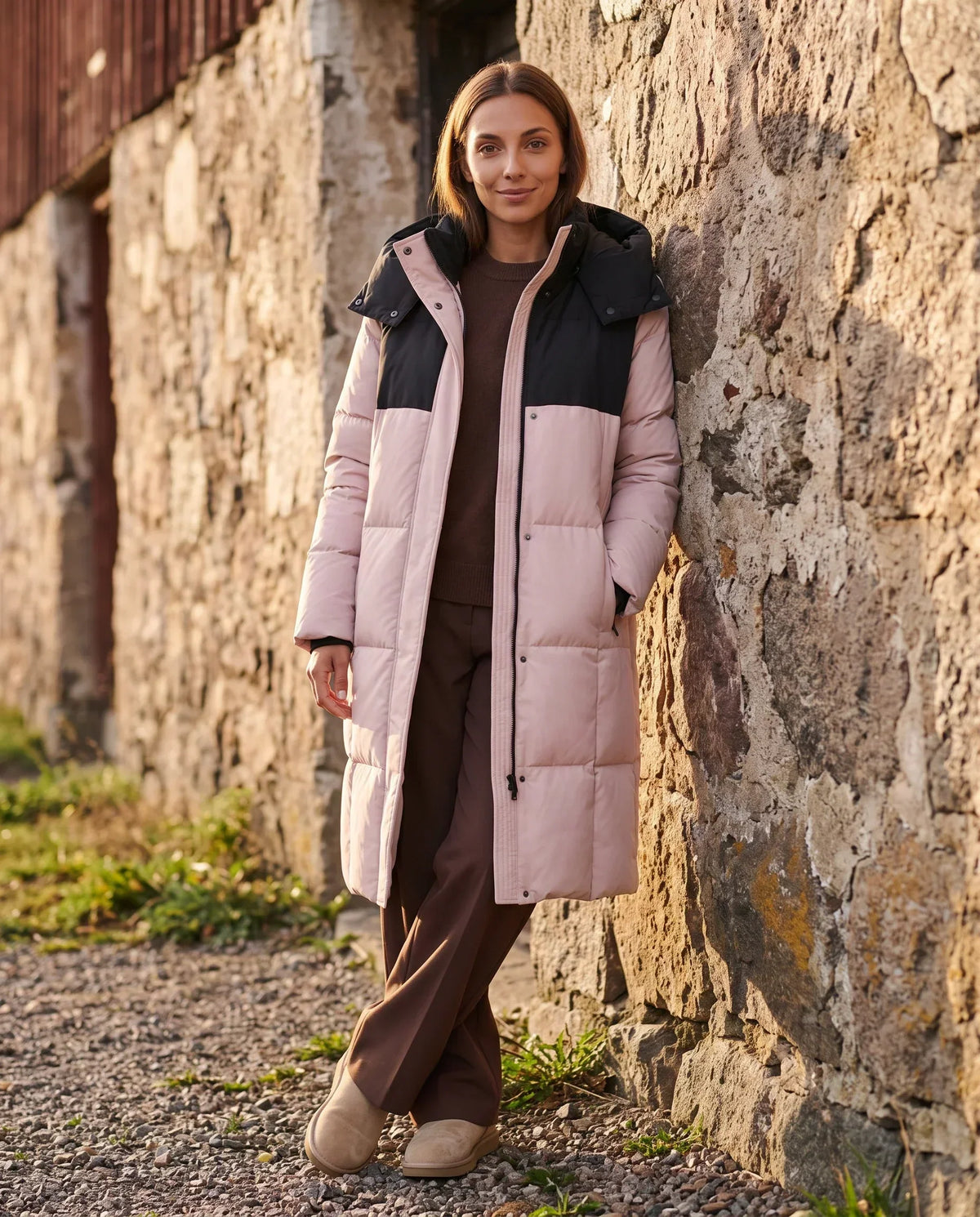 Long Two-Tone Puffer Jacket with Large Squares
