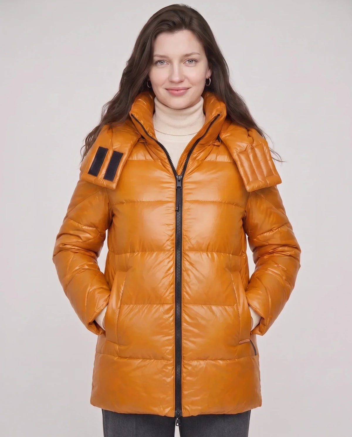 Long Shiny Puffer Jacket with Shoulder Tabs