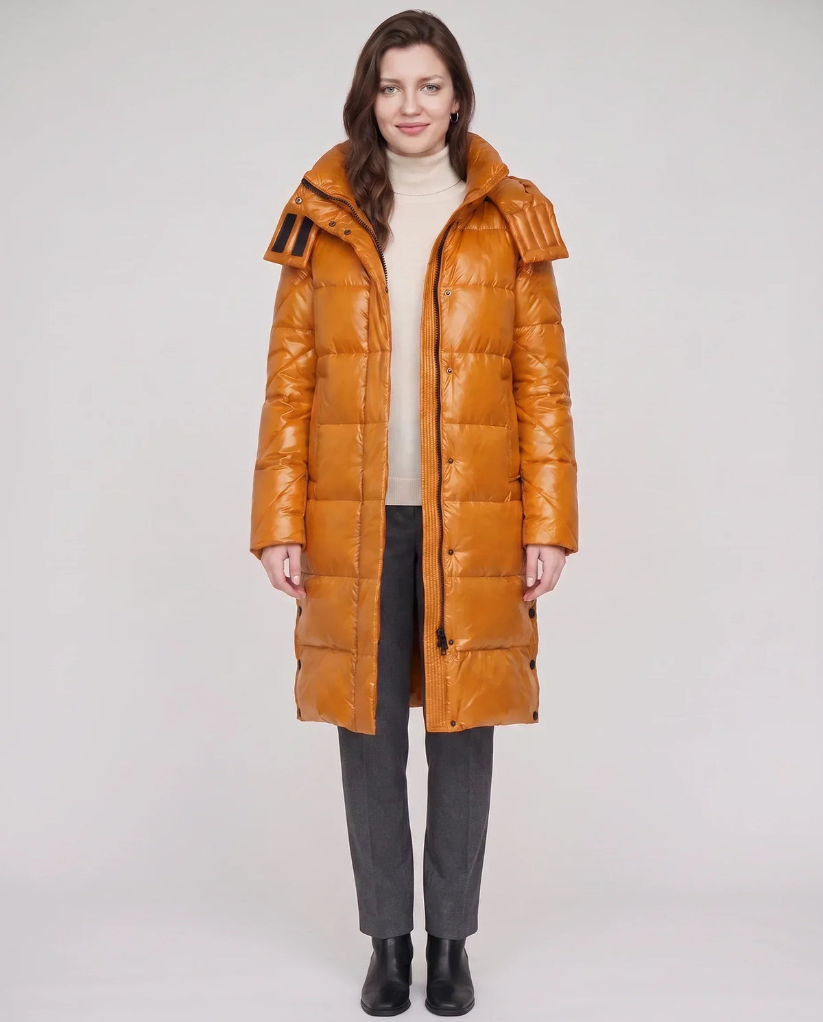 Long Shiny Puffer Jacket with Shoulder Tabs