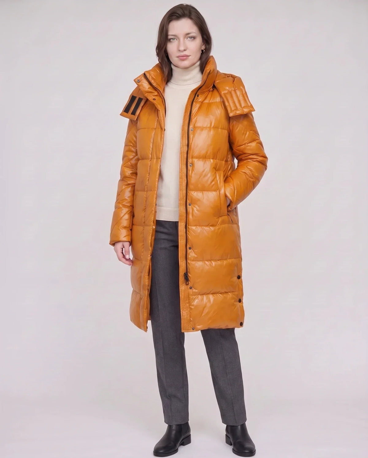 Long Shiny Puffer Jacket with Shoulder Tabs