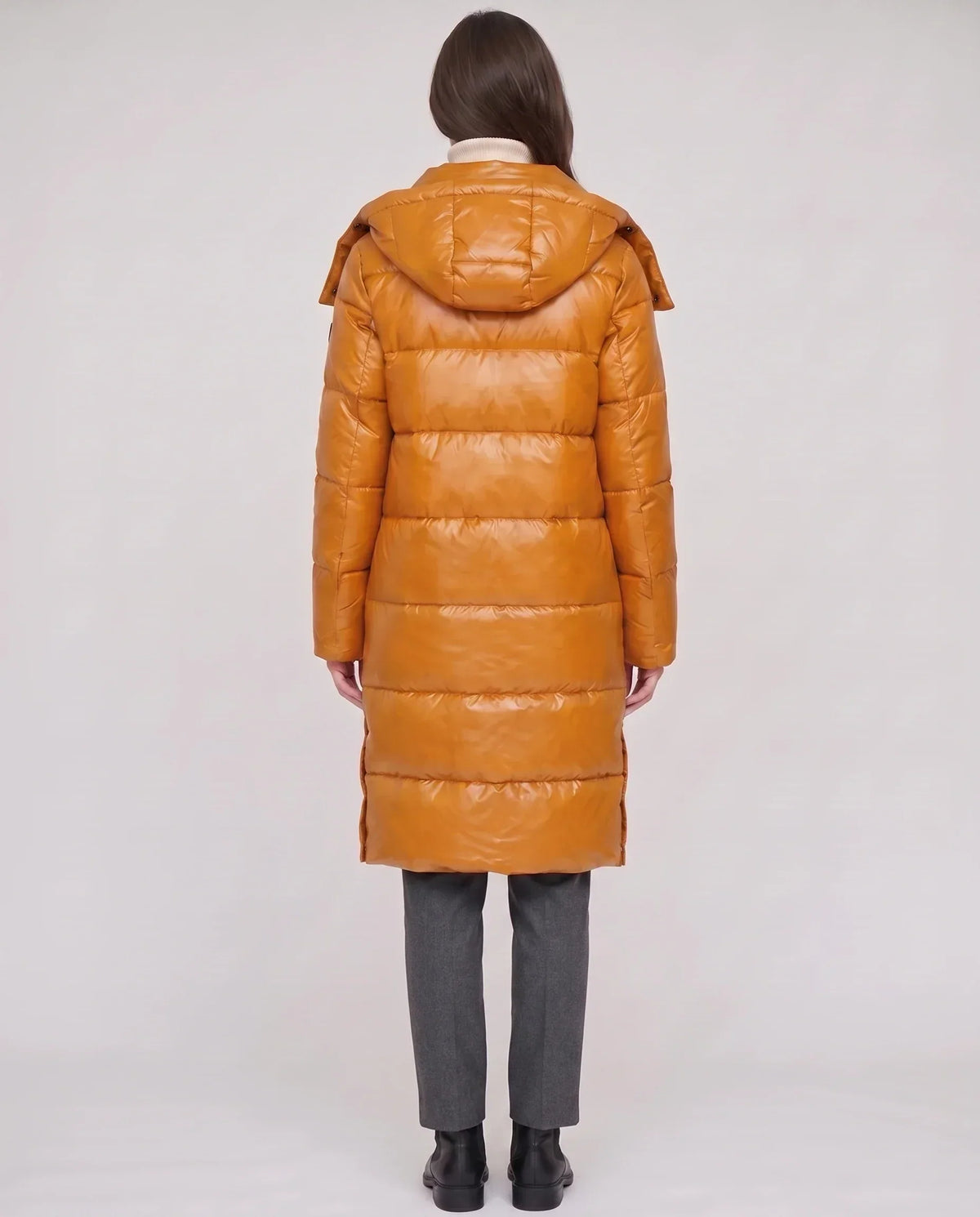 Long Shiny Puffer Jacket with Shoulder Tabs