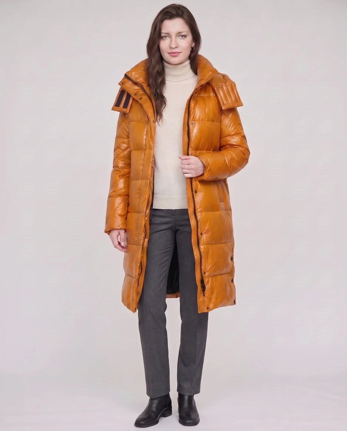 Long Shiny Puffer Jacket with Shoulder Tabs