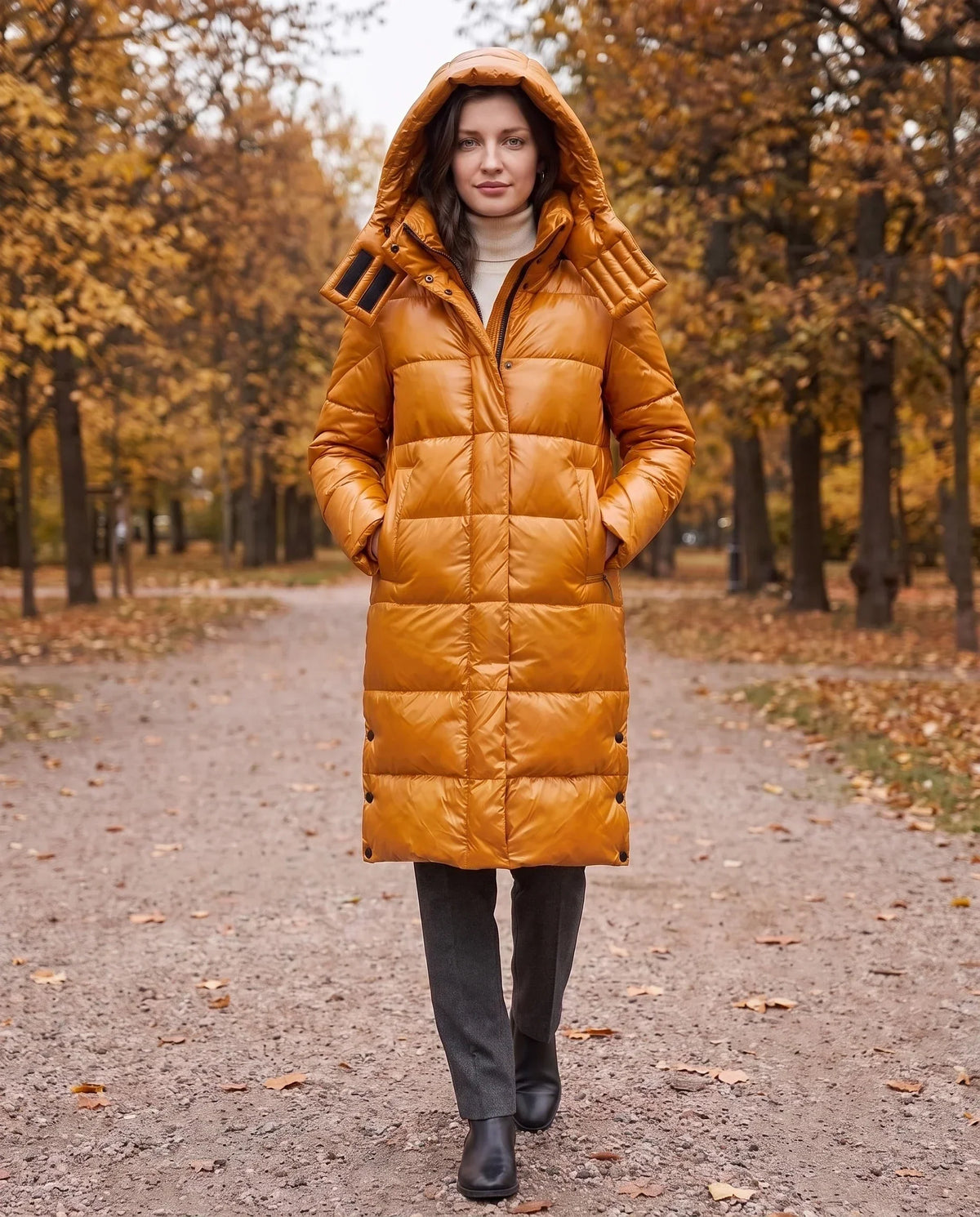 Long Shiny Puffer Jacket with Shoulder Tabs