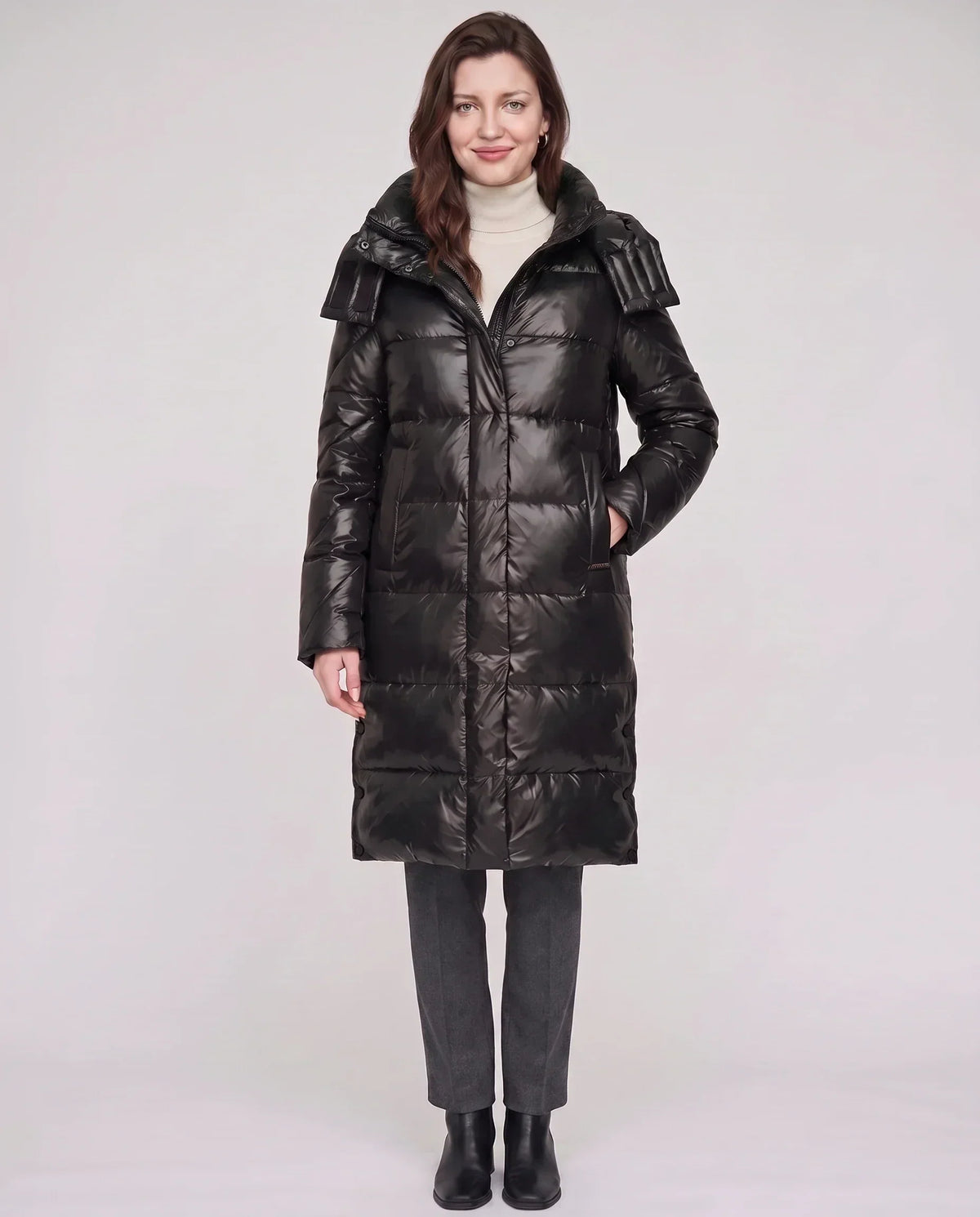 Long Shiny Puffer Jacket with Shoulder Tabs