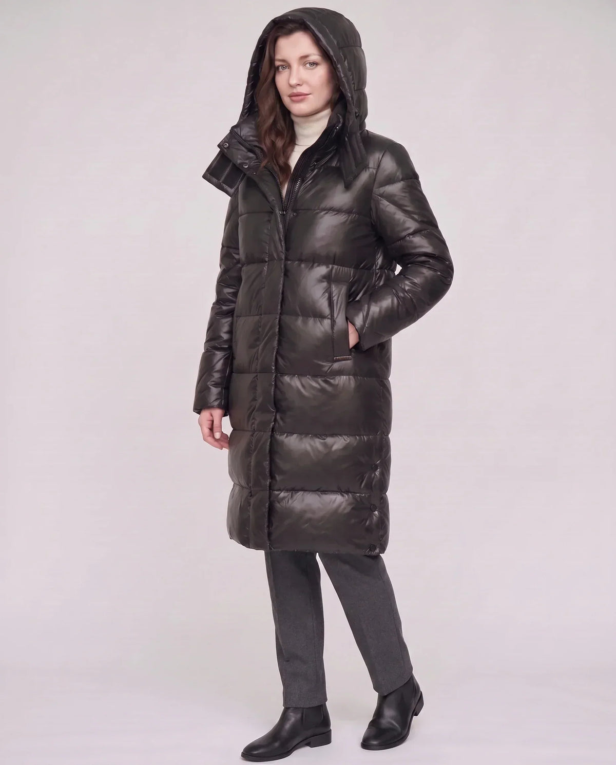 Long Shiny Puffer Jacket with Shoulder Tabs