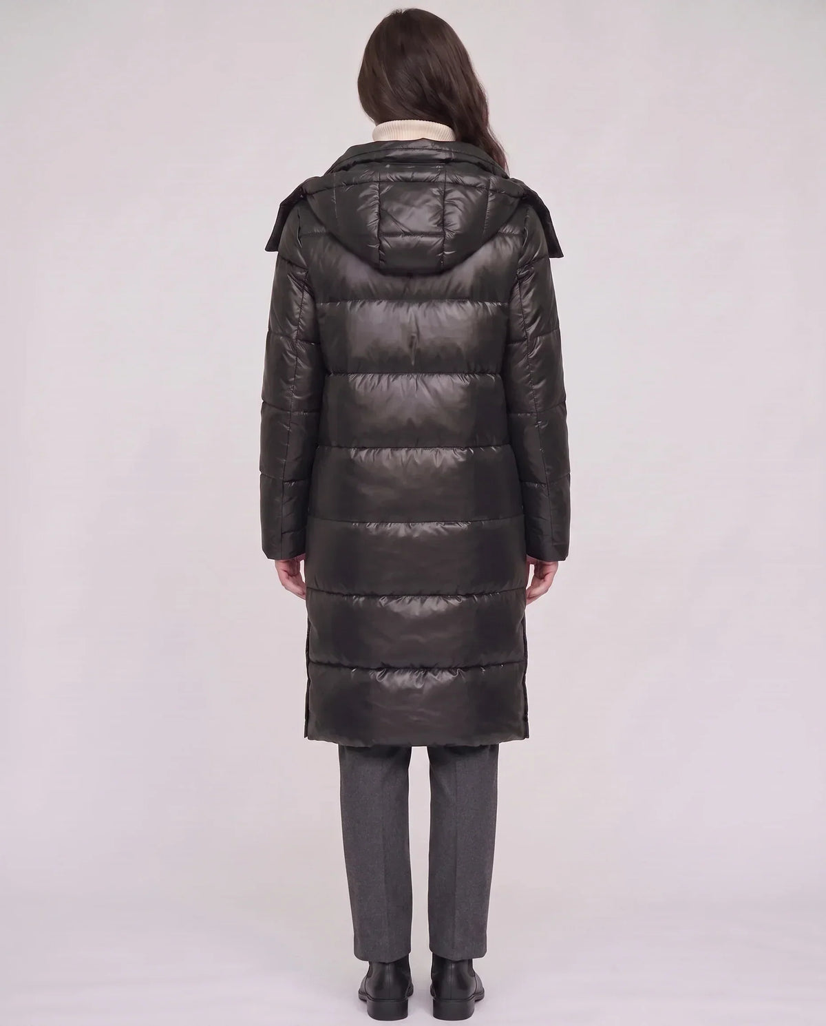 Long Shiny Puffer Jacket with Shoulder Tabs