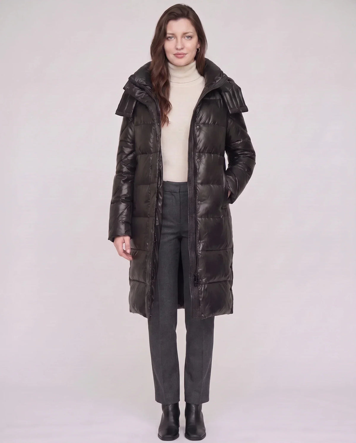 Long Shiny Puffer Jacket with Shoulder Tabs