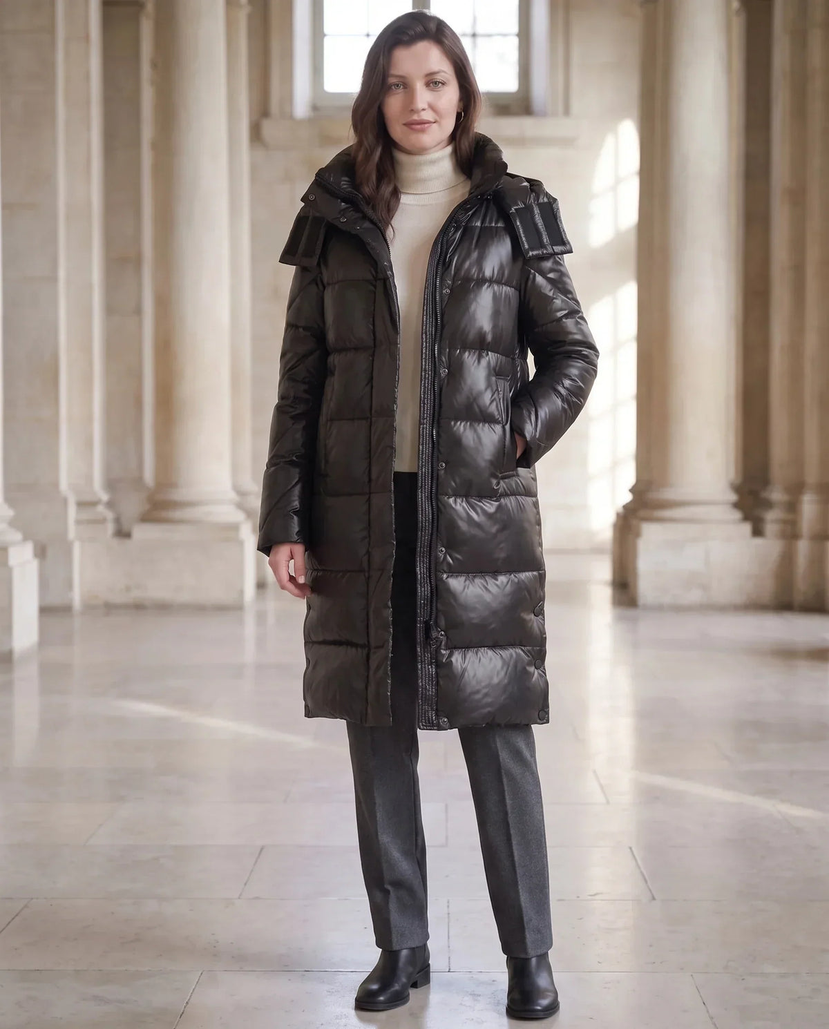 Long Shiny Puffer Jacket with Shoulder Tabs