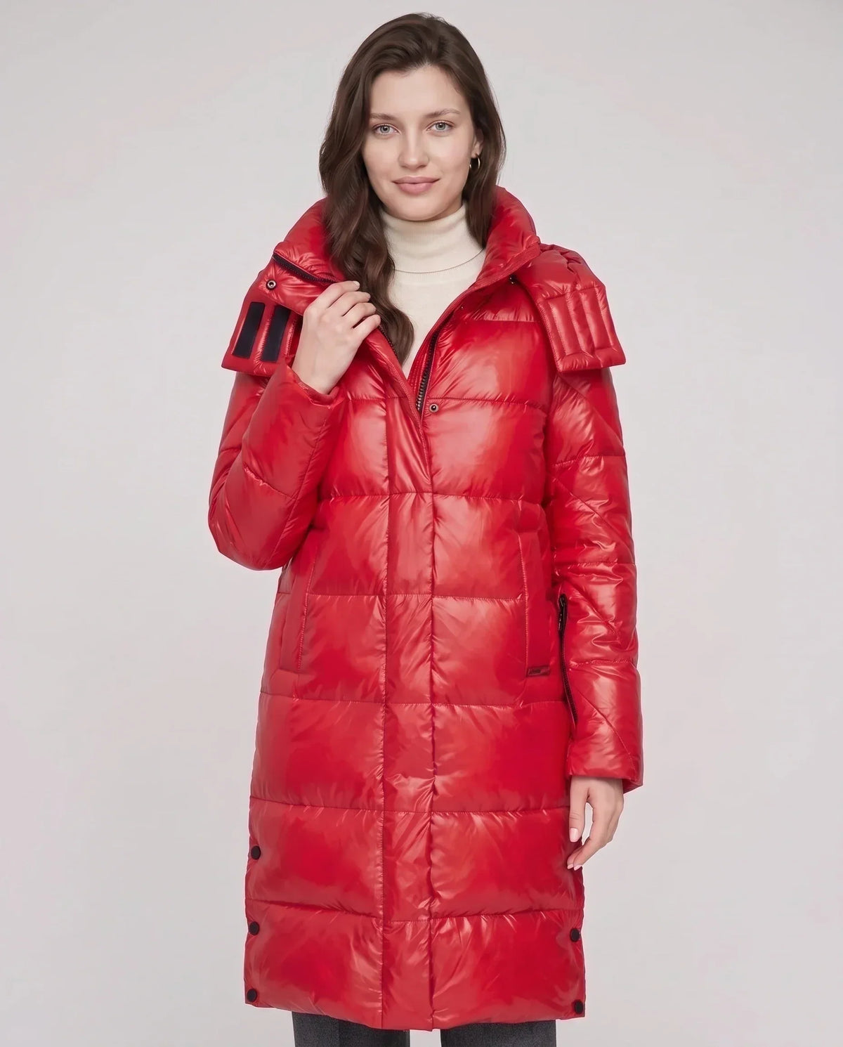 Long Shiny Puffer Jacket with Shoulder Tabs