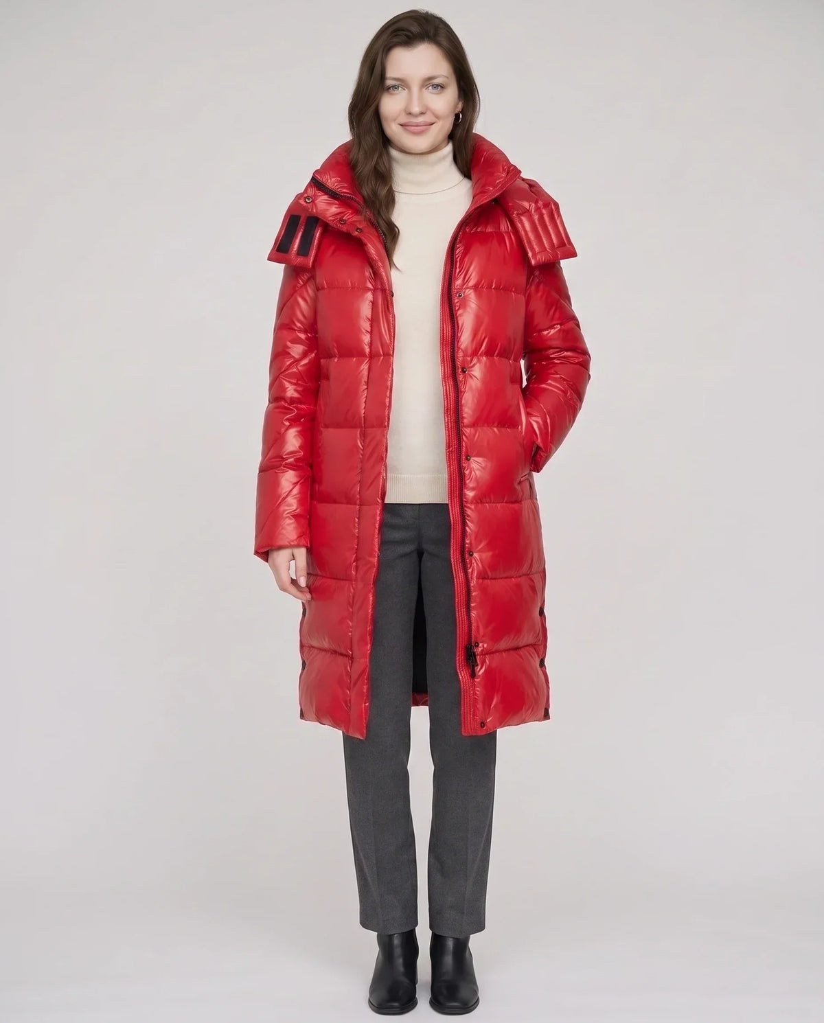 Long Shiny Puffer Jacket with Shoulder Tabs