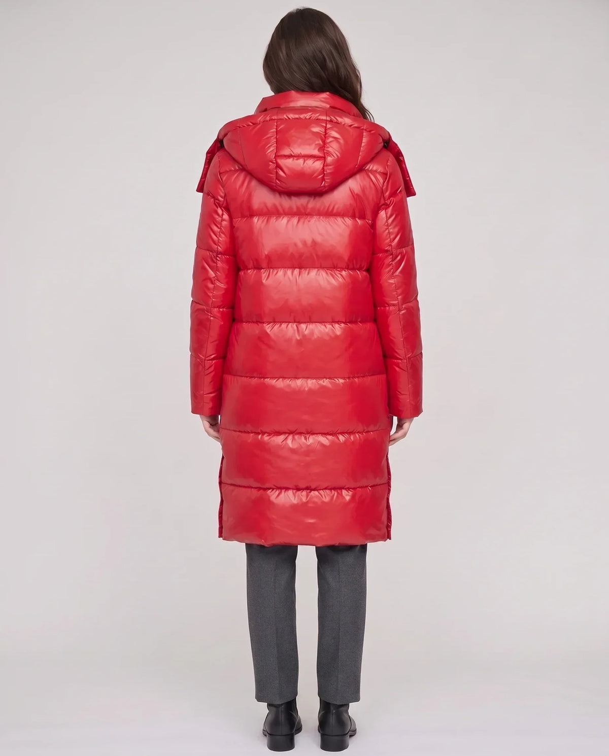 Long Shiny Puffer Jacket with Shoulder Tabs