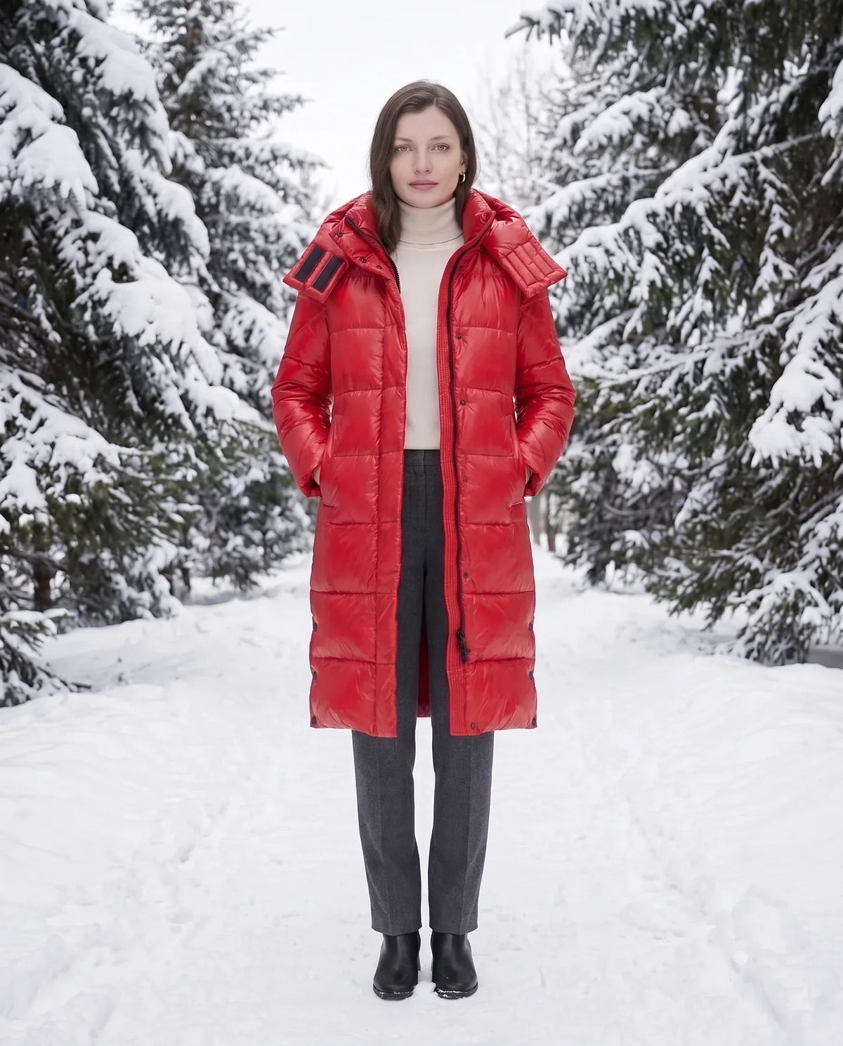 Long Shiny Puffer Jacket with Shoulder Tabs