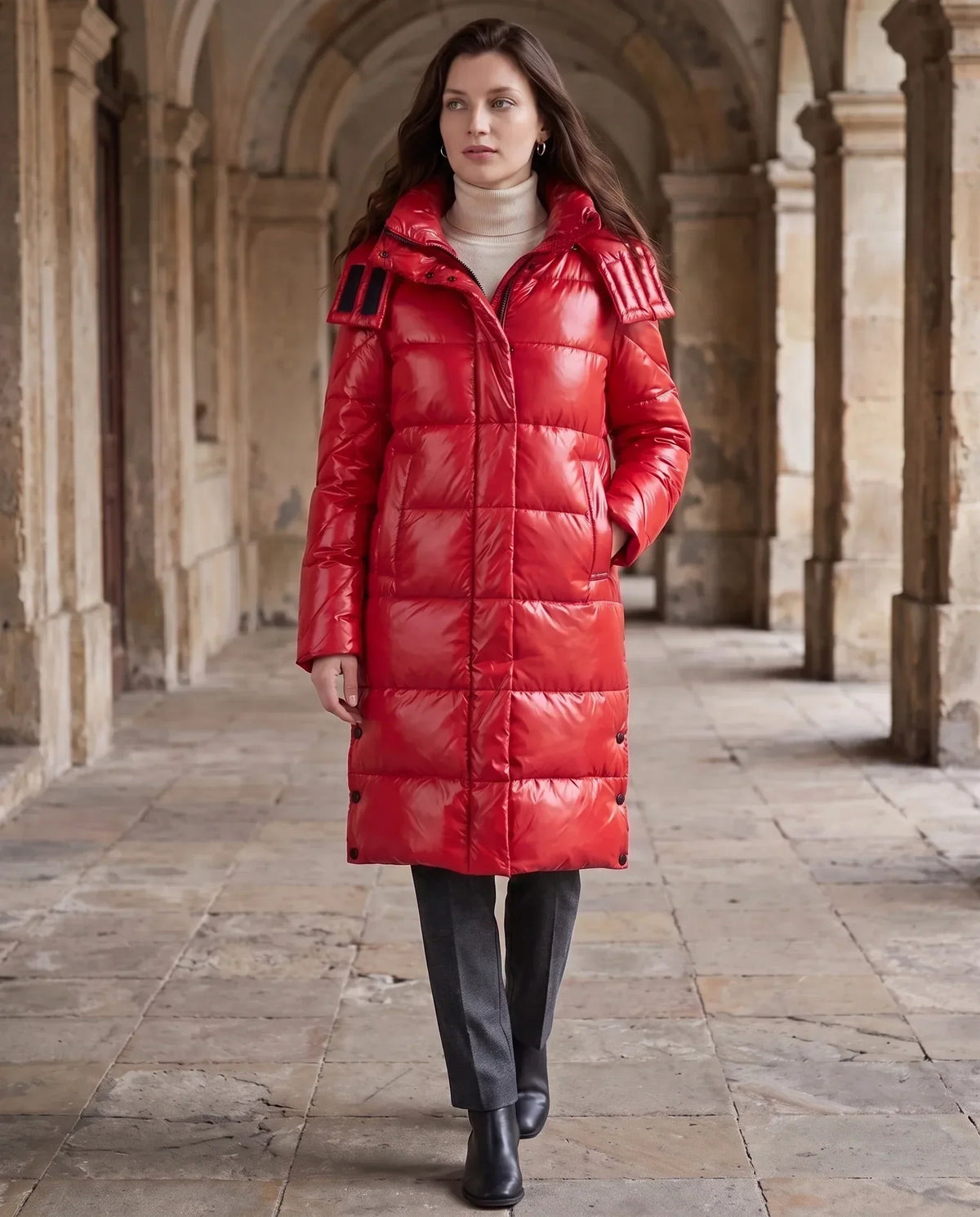 Long Shiny Puffer Jacket with Shoulder Tabs