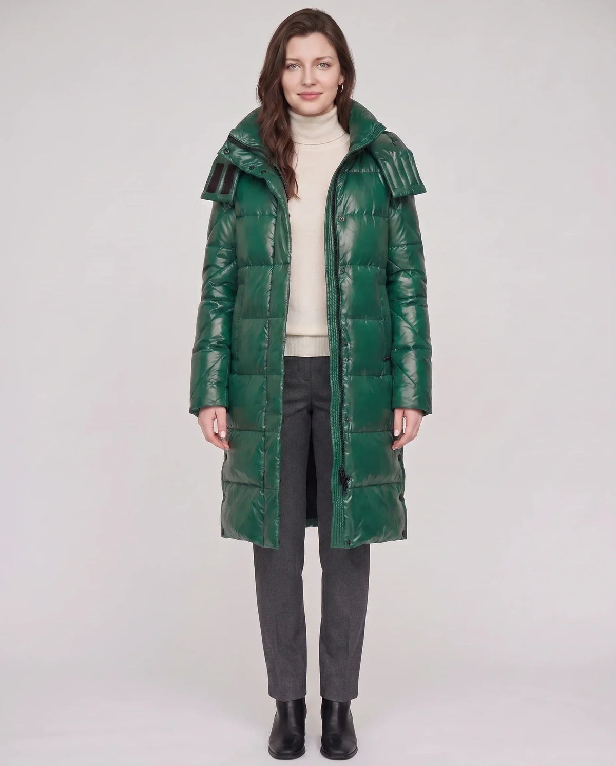 Long Shiny Puffer Jacket with Shoulder Tabs