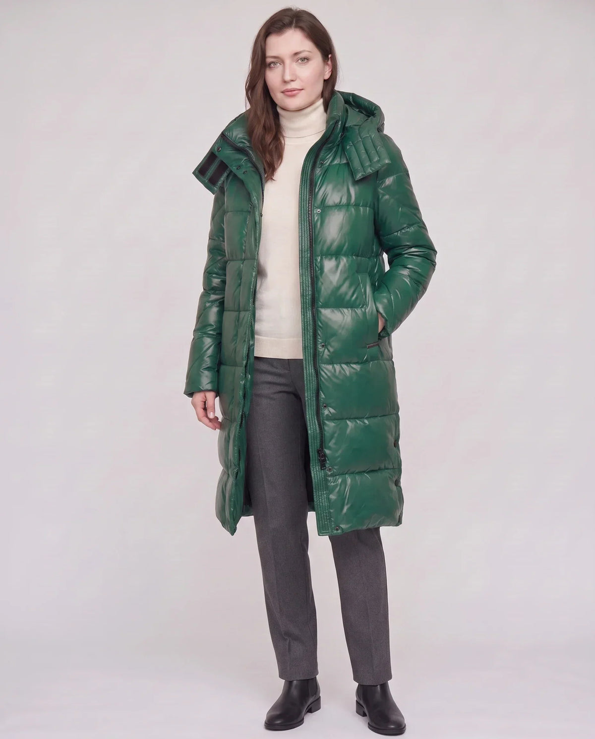 Long Shiny Puffer Jacket with Shoulder Tabs