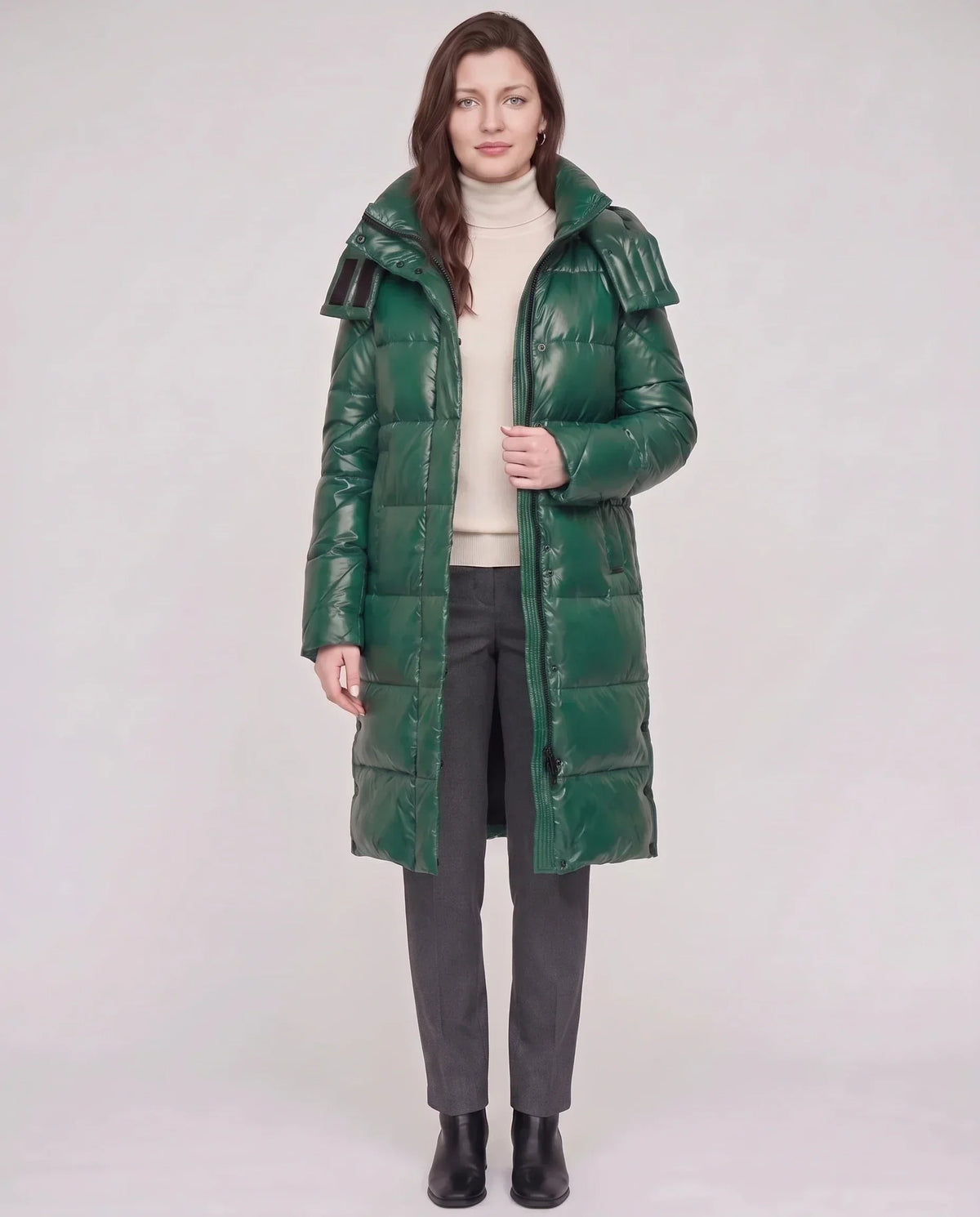 Long Shiny Puffer Jacket with Shoulder Tabs