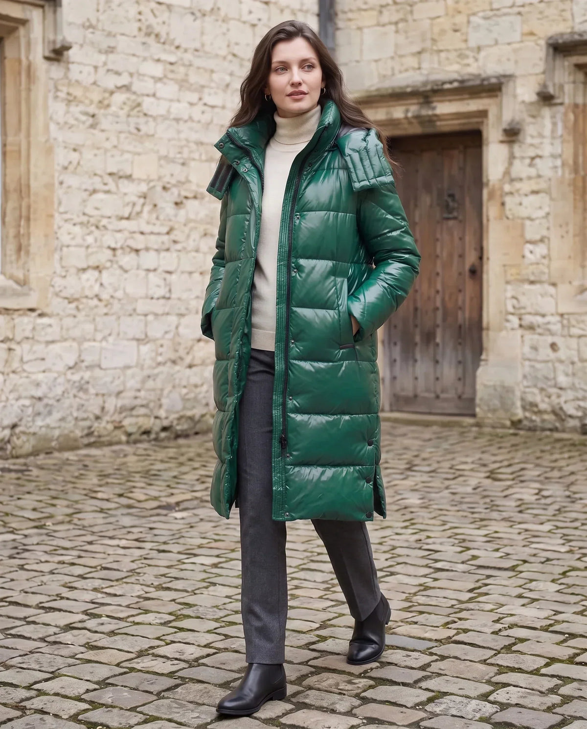 Long Shiny Puffer Jacket with Shoulder Tabs
