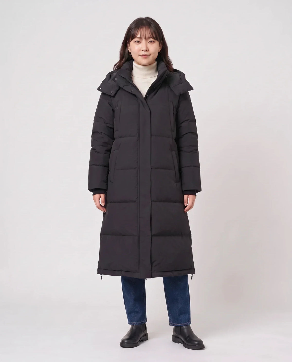 Long Black Puffer Jacket with Detachable Hood