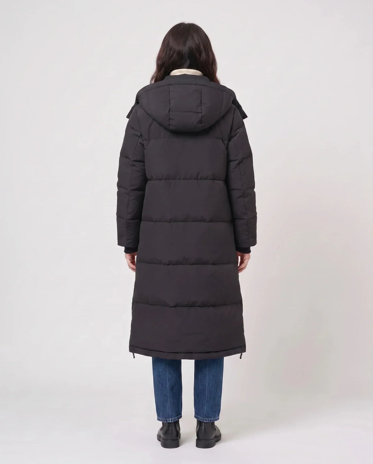 Long Black Puffer Jacket with Detachable Hood