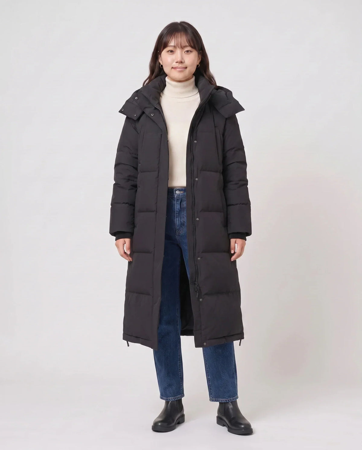 Long Black Puffer Jacket with Detachable Hood