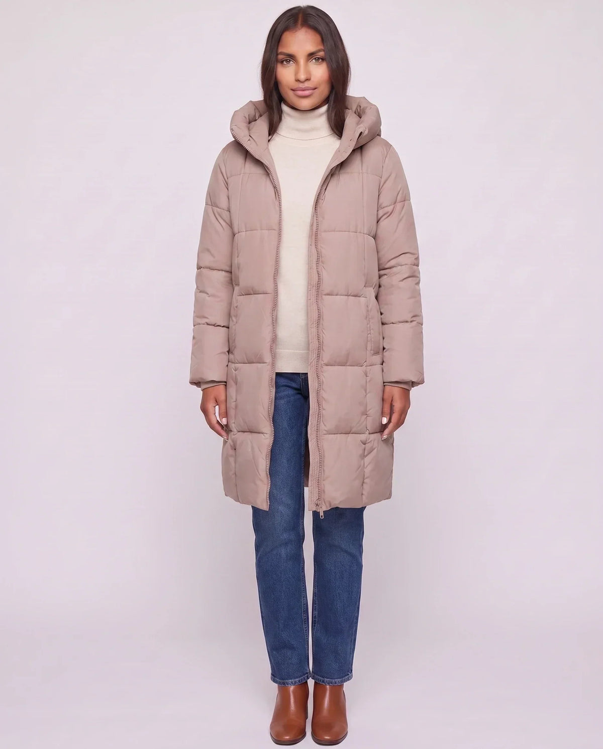 Long Hooded Puffer Jacket with Square Quilting
