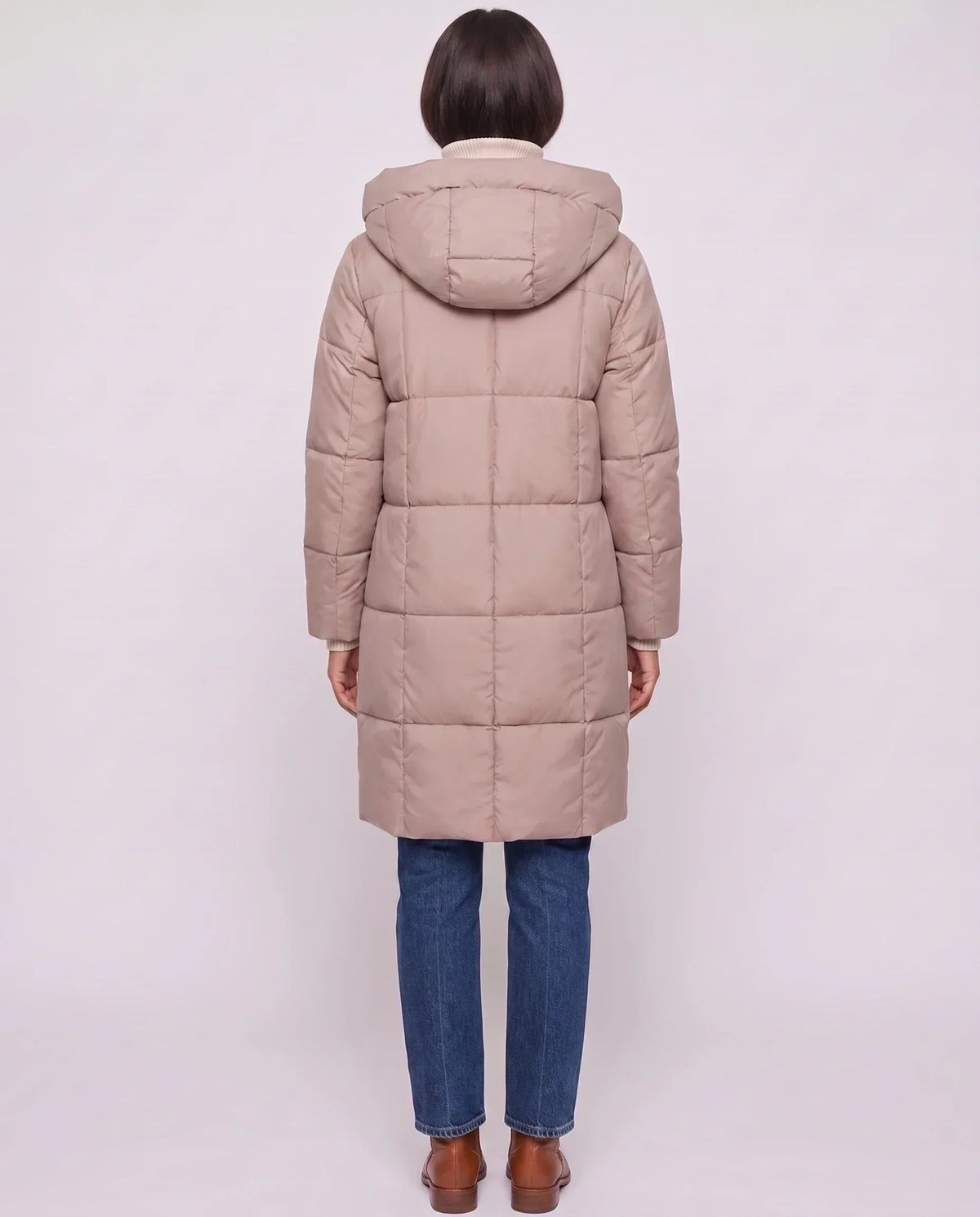 Long Hooded Puffer Jacket with Square Quilting