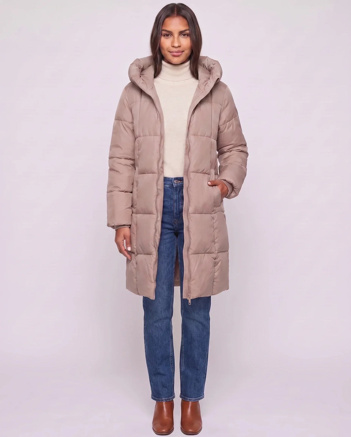 Long Hooded Puffer Jacket with Square Quilting