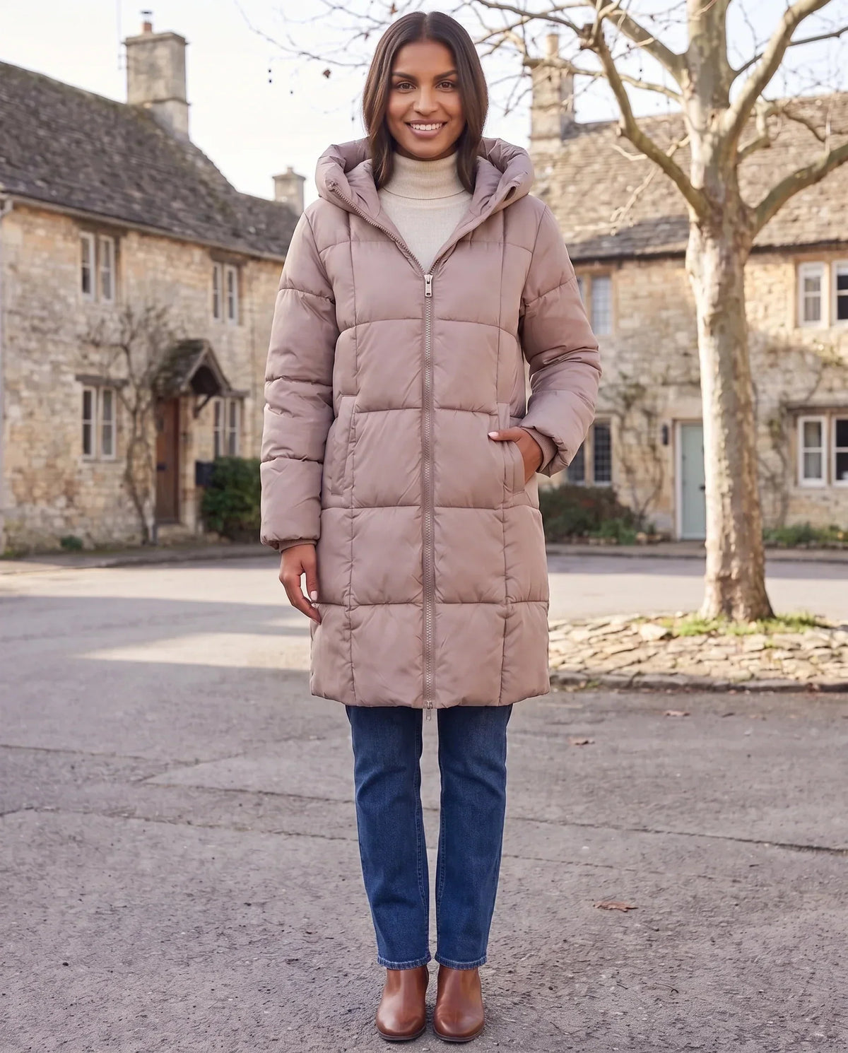 Long Hooded Puffer Jacket with Square Quilting