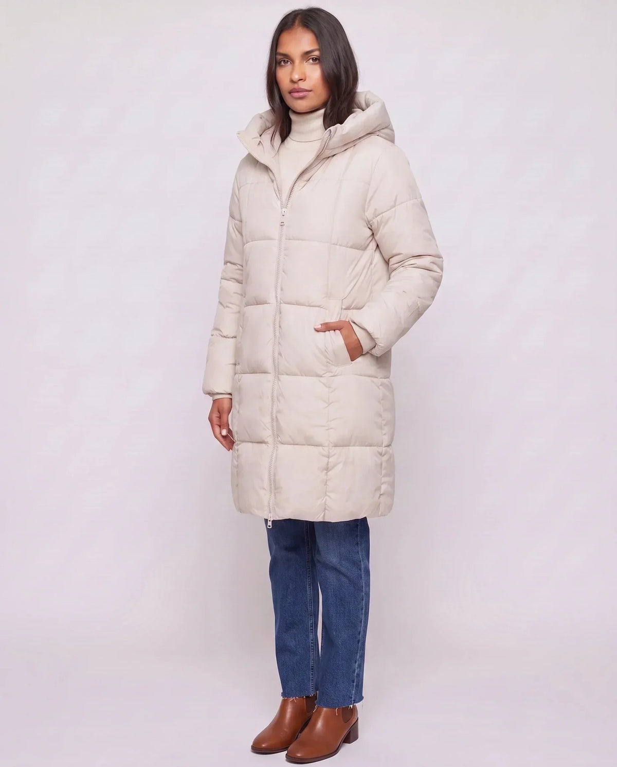 Long Hooded Puffer Jacket with Square Quilting
