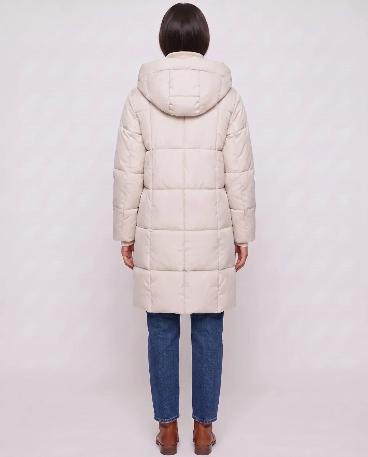 Long Hooded Puffer Jacket with Square Quilting