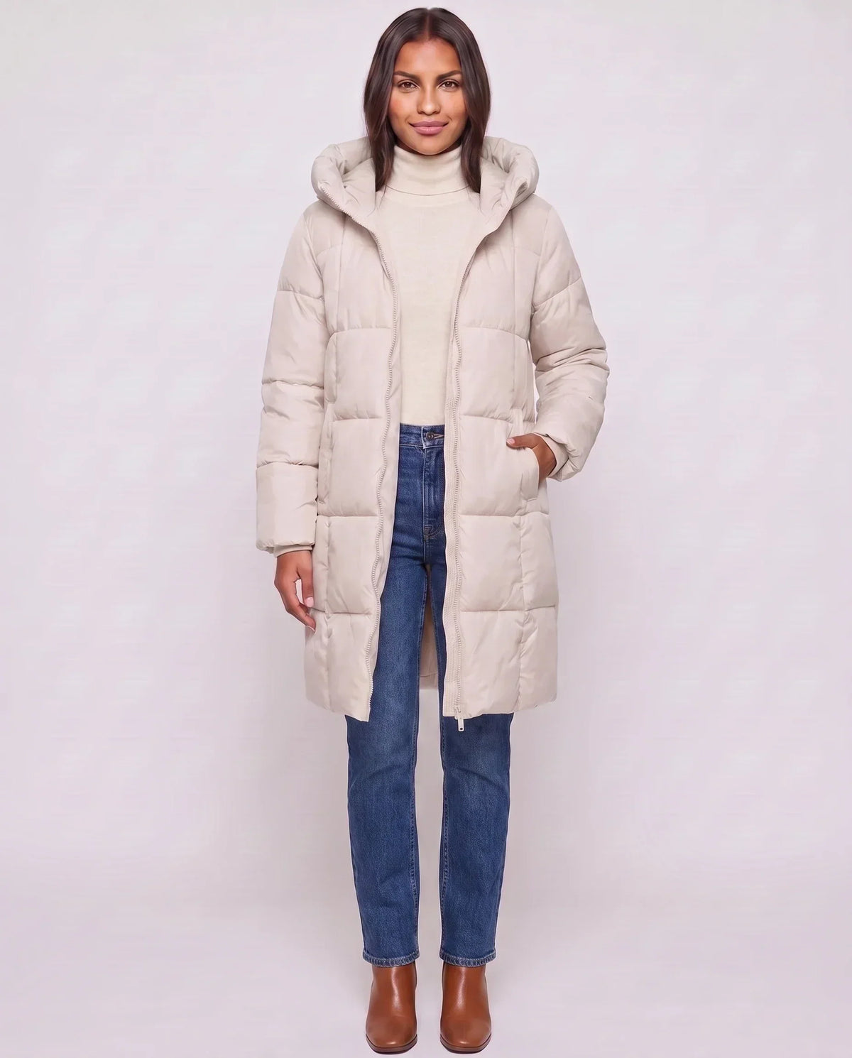 Long Hooded Puffer Jacket with Square Quilting