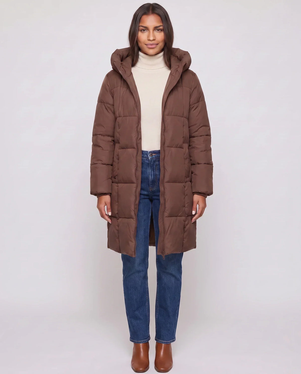 Long Hooded Puffer Jacket with Square Quilting