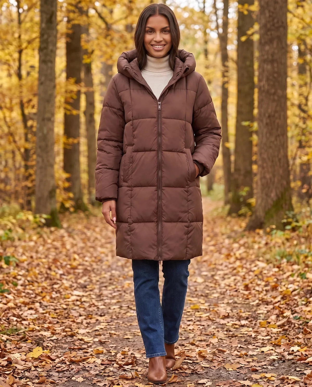 Long Hooded Puffer Jacket with Square Quilting
