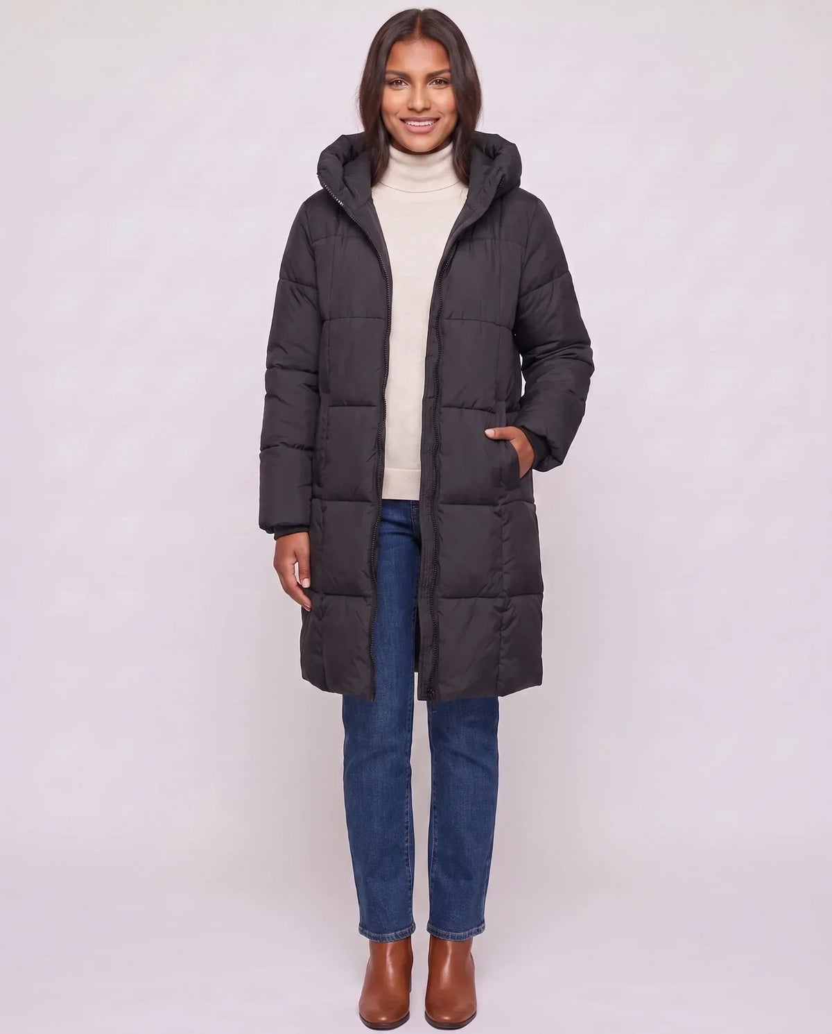 Long Hooded Puffer Jacket with Square Quilting