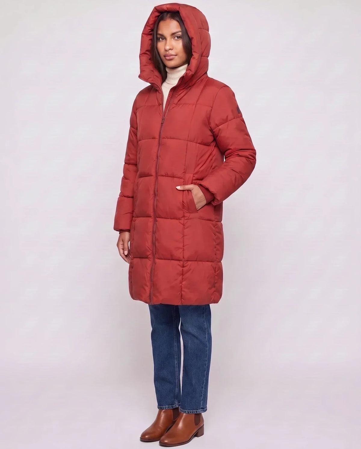 Long Hooded Puffer Jacket with Square Quilting