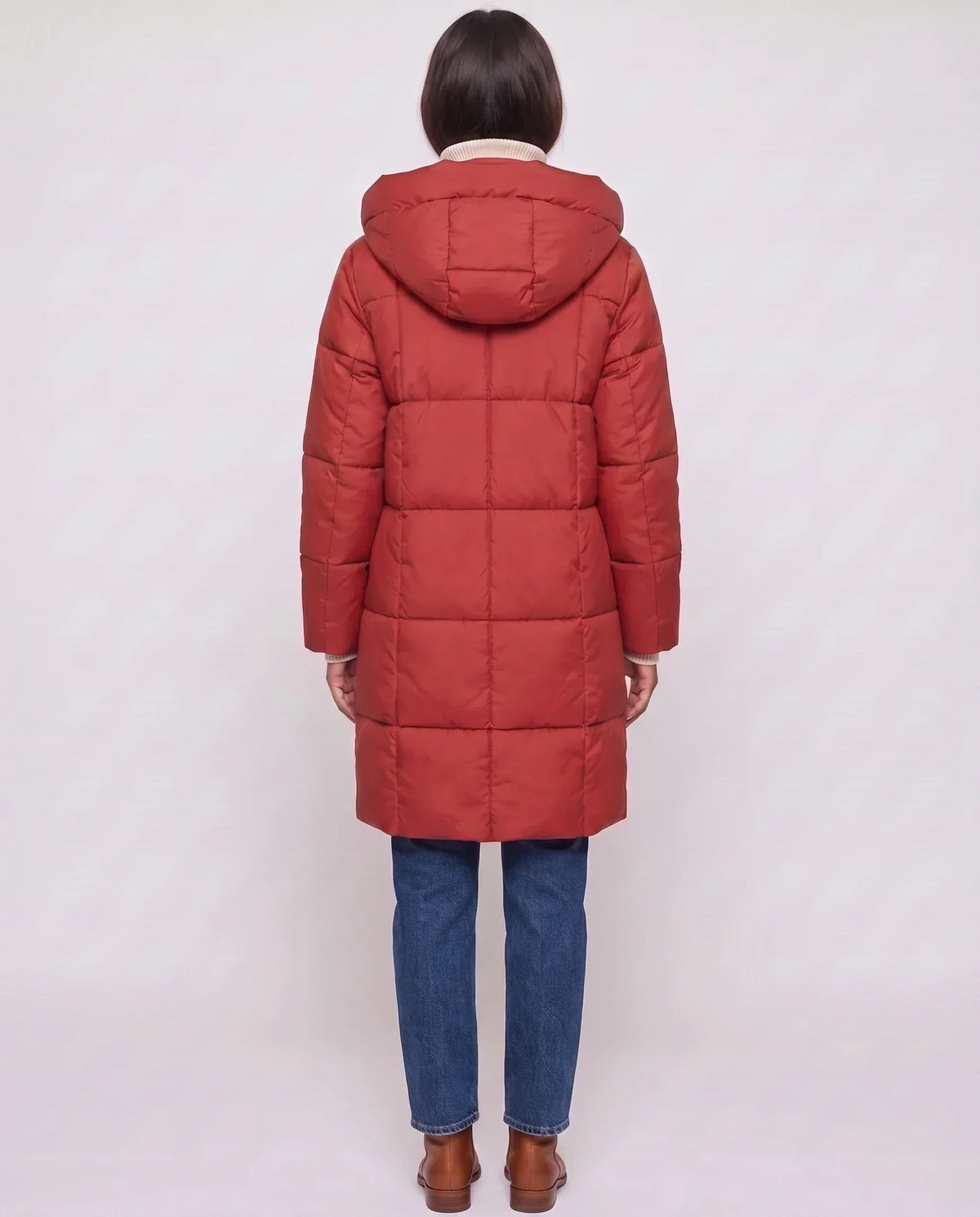 Long Hooded Puffer Jacket with Square Quilting